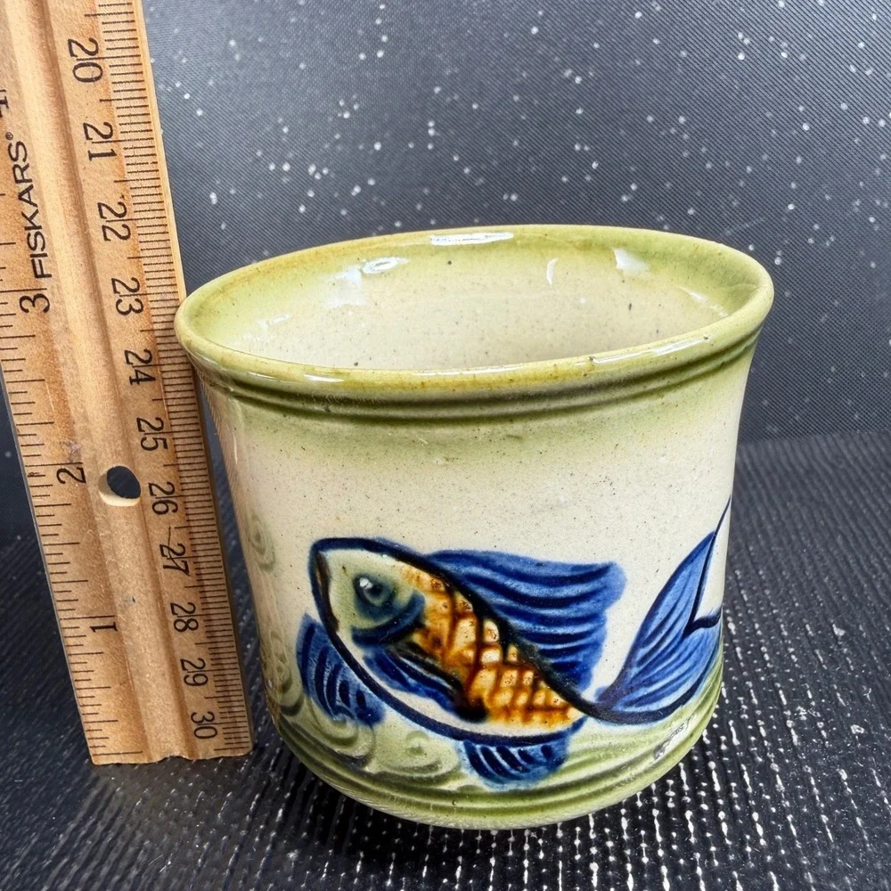 Tsuboya Ware Yachimun Japanese Pottery Fish Cups and Plates Set 4pc Okinawan